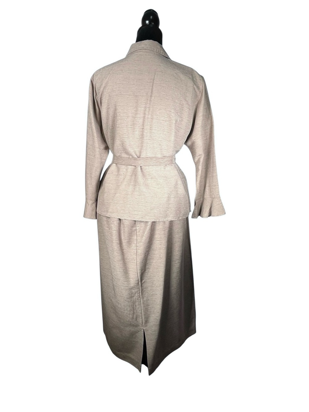 Vintage Silk Skirt Suit Women's Brown Beige Button-Front Set Ruched Safari Large - Picture 3 of 11